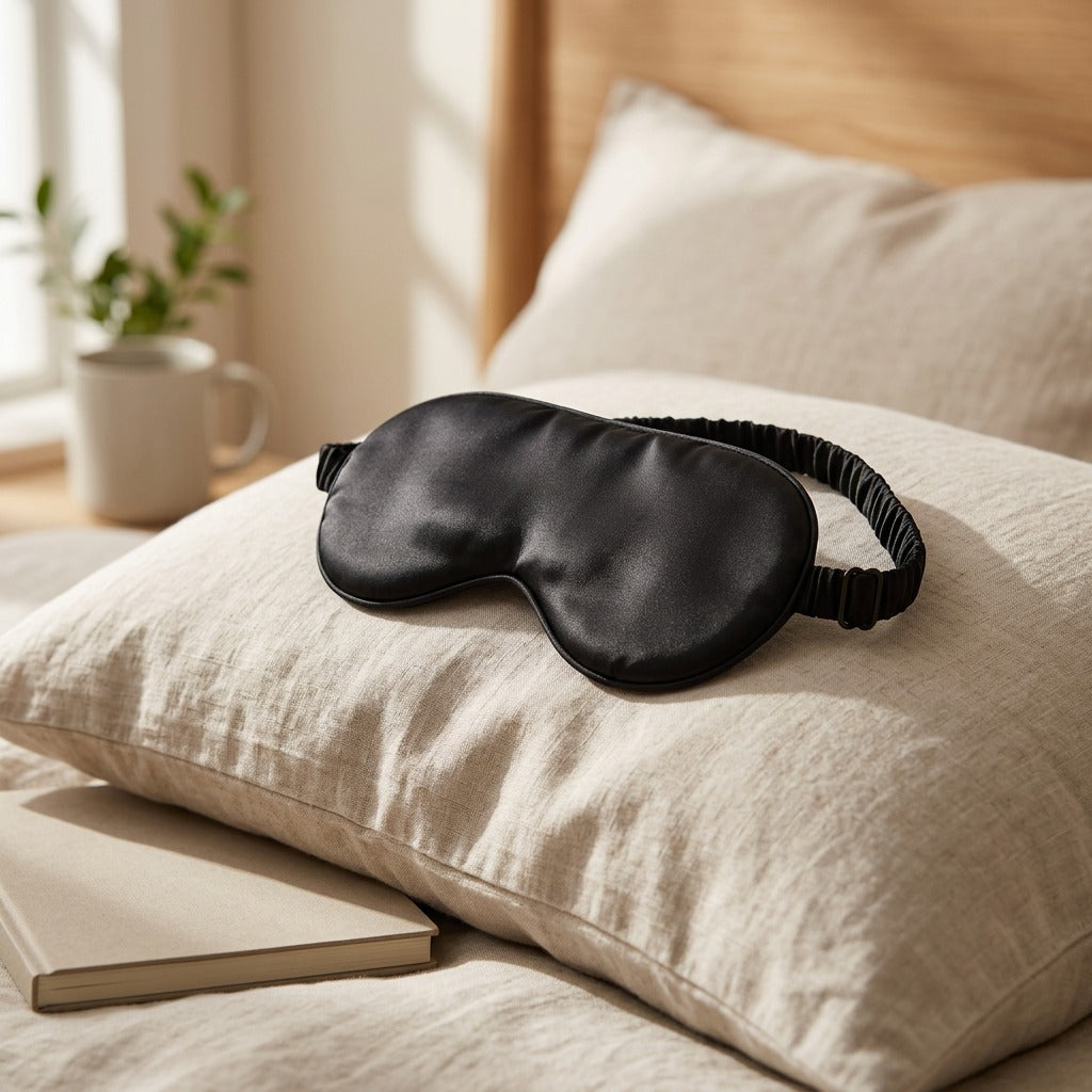 Softslumber™ Mulberry Silk Eye Mask, styled close view