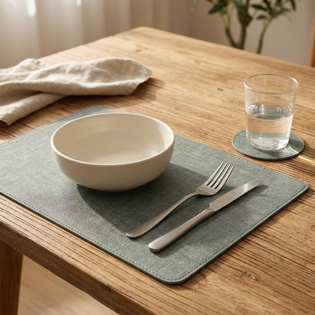 Hidemat™ Leather Table Mat, styled close view