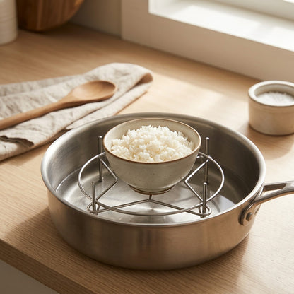 Steamcradle™ Round Stainless Steel Pot Steaming Rack, styled close view