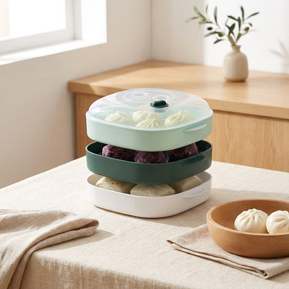 Steamtier™ Multi-Layer Microwave Steamer with Lid in a calm home setting