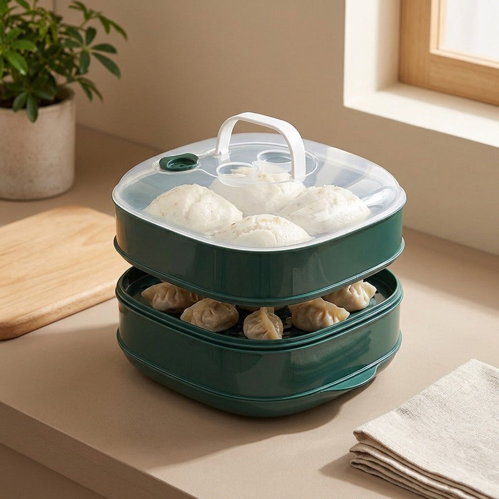 Steamtier™ Multi-Layer Microwave Steamer with Lid, styled close view
