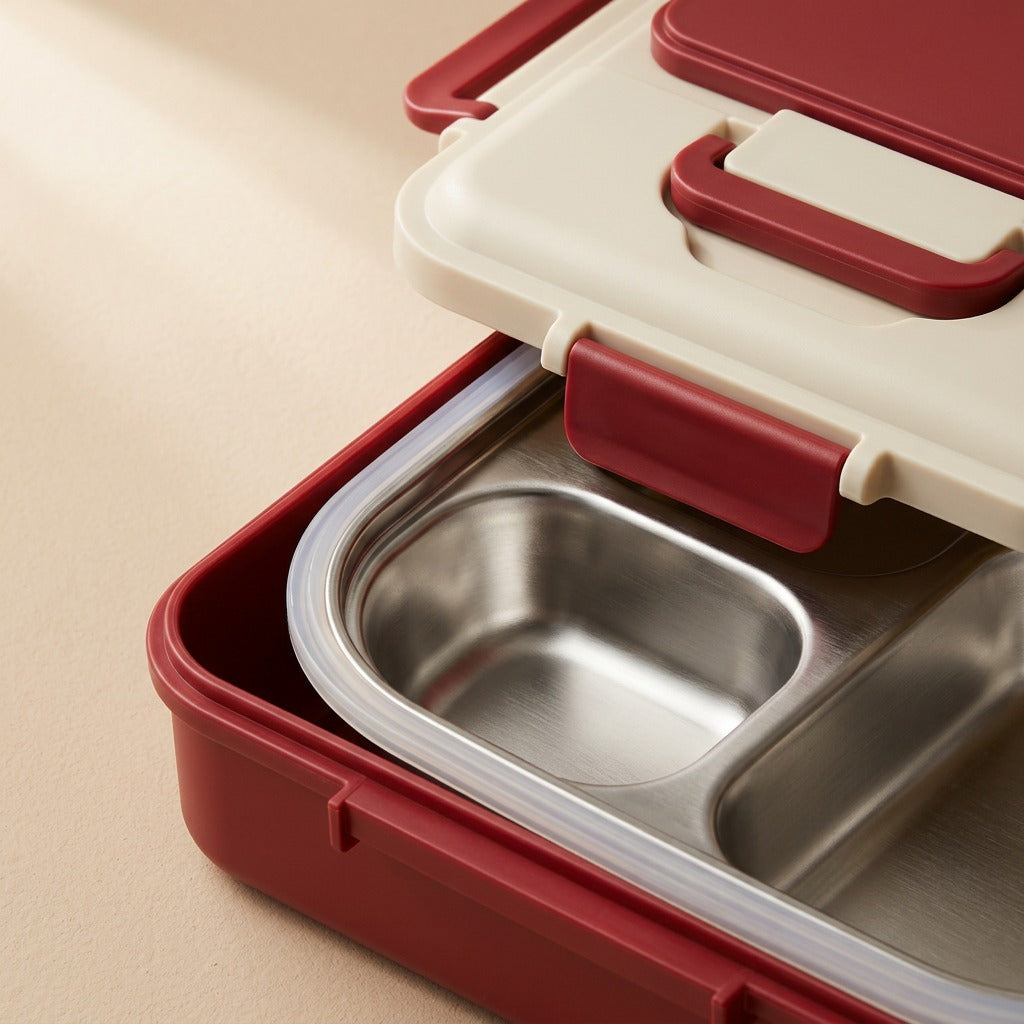 Steeldivide™ 304 Stainless Steel Divided Lunch Box, material and detail close-up