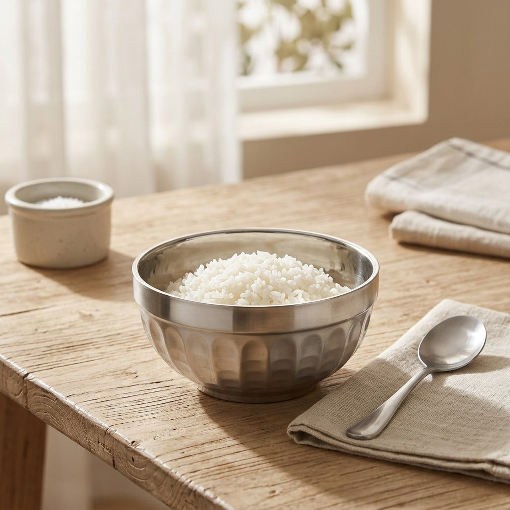 Stera™ Stainless Steel Rice Bowl, styled close view