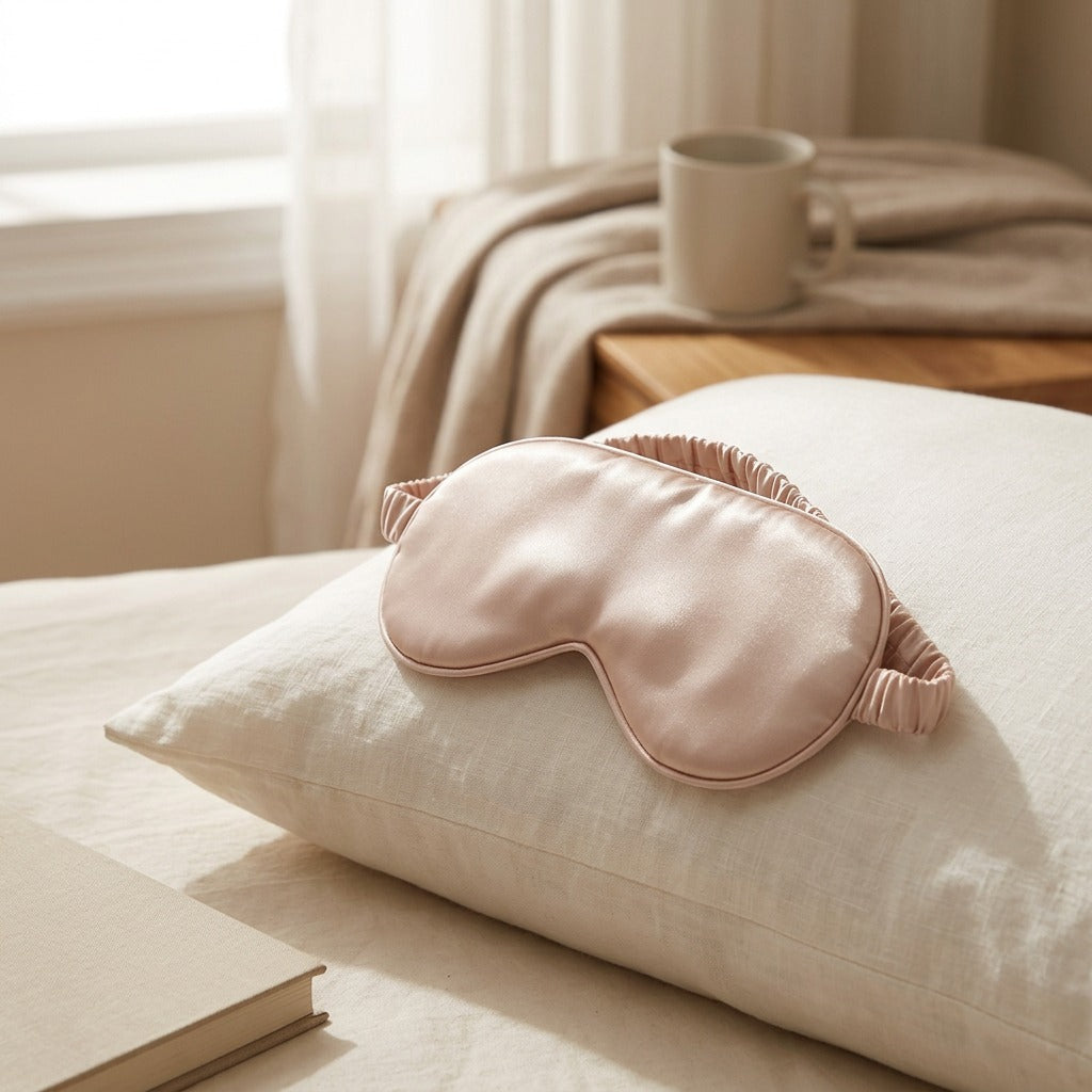 Velvetnap™ Simulated Silk Sleep Eye Mask, styled close view