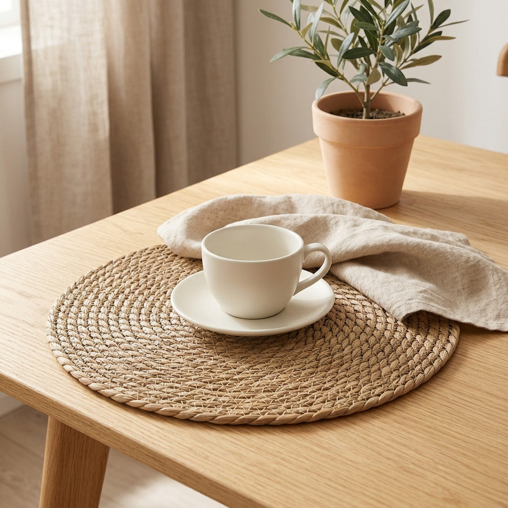 Grassweave™ Round Woven Grass Placemat in a calm home setting