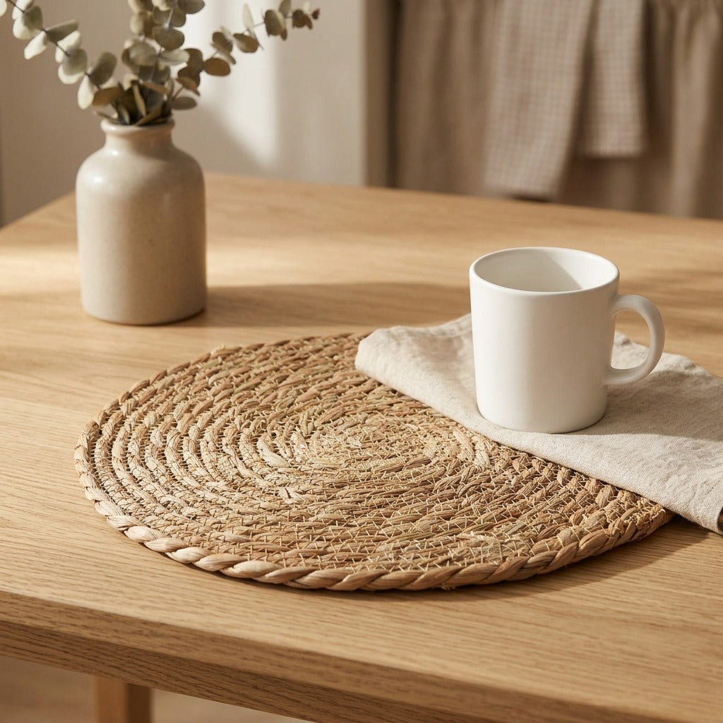 Grassweave™ Round Woven Grass Placemat, styled close view