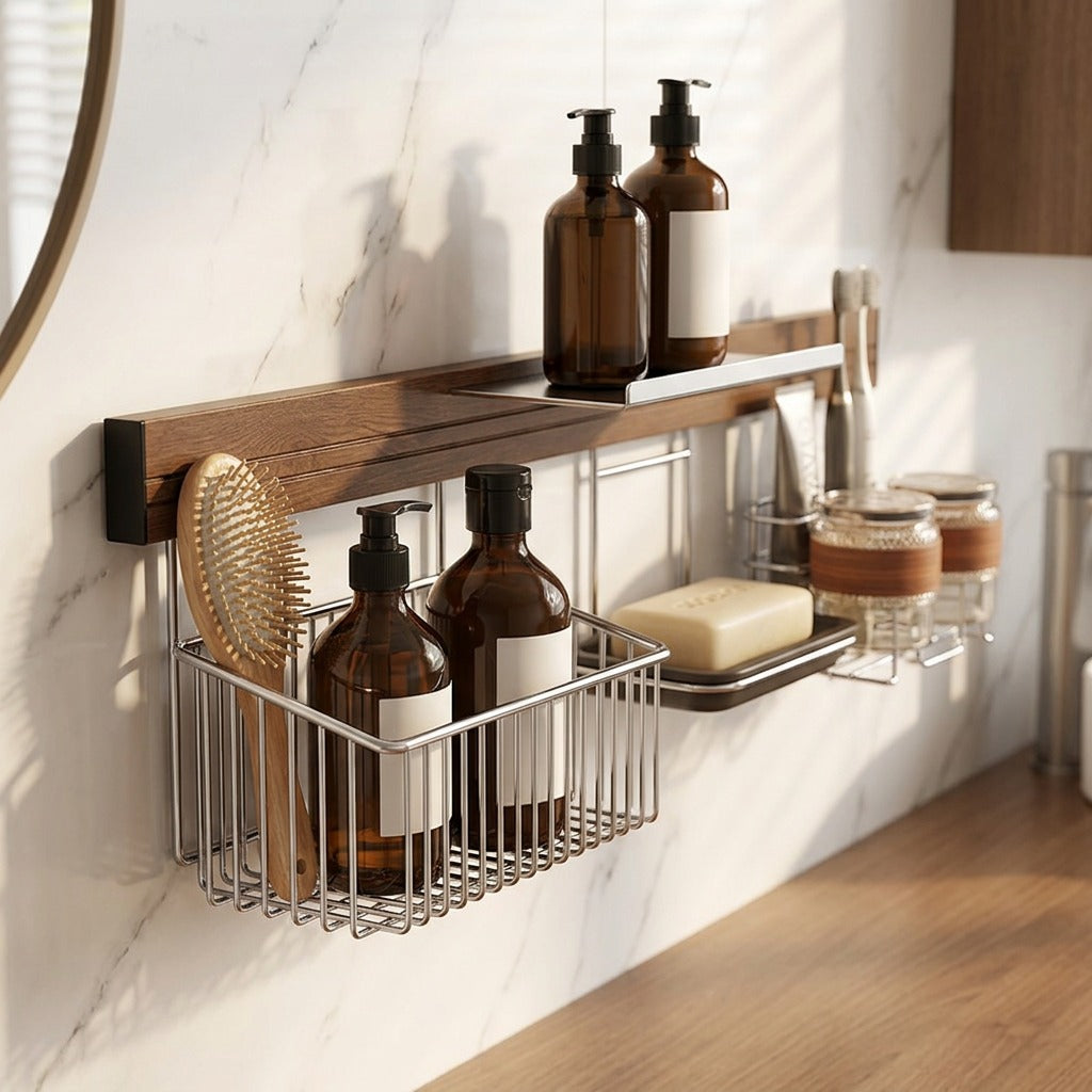 Bathbeam™ Stainless Steel Bathroom Storage Rack, styled close view