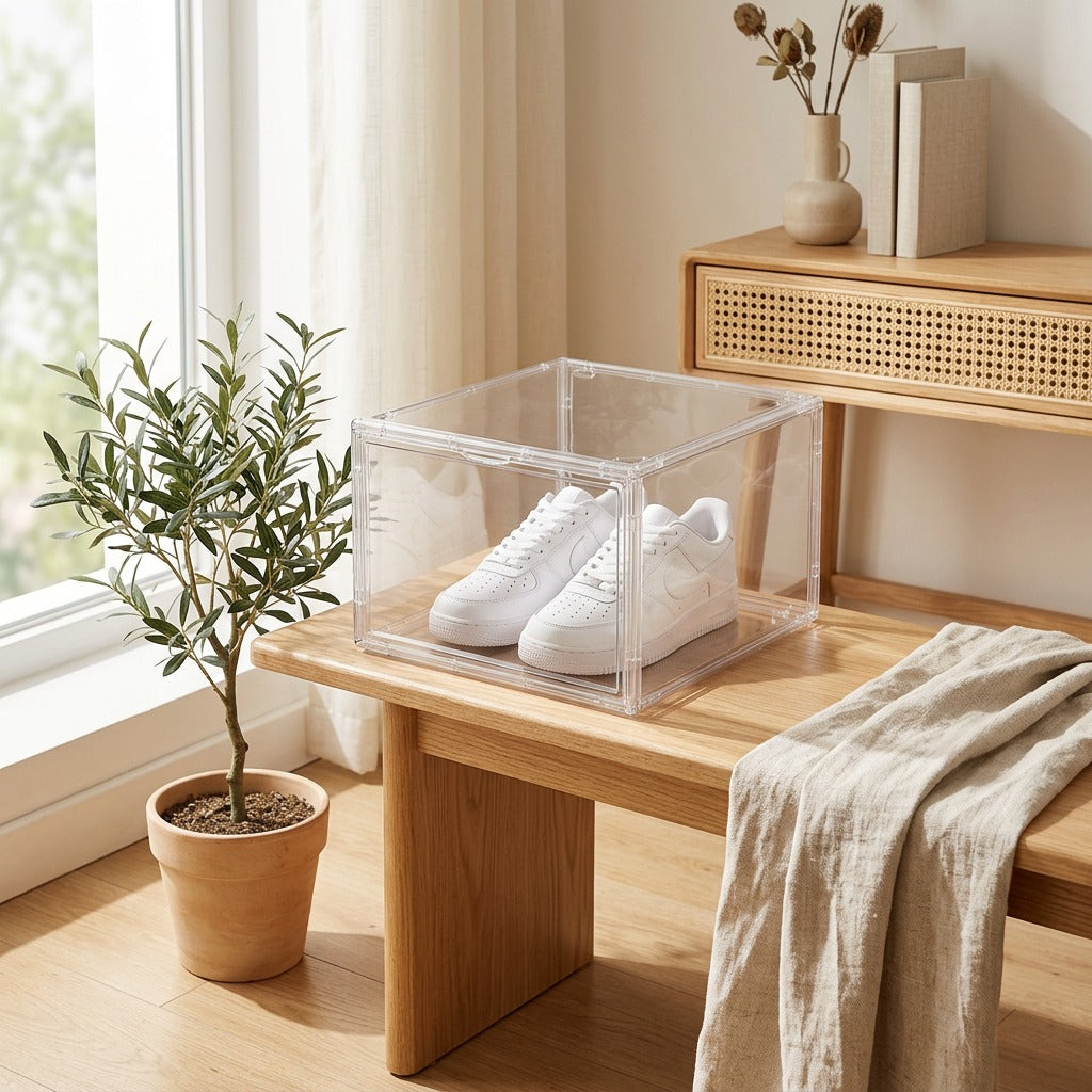 Clearpane™ Transparent PET Shoe Storage Box in a calm home setting