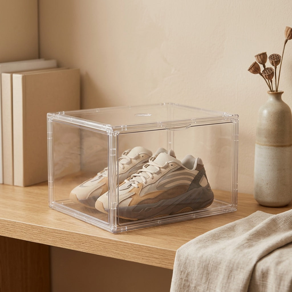 Clearpane™ Transparent PET Shoe Storage Box, styled close view