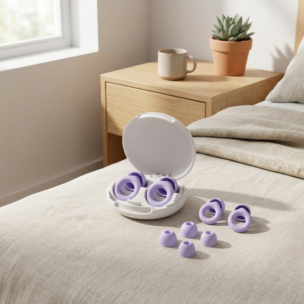 Quellbud™ Silicone Stress Relief Earplugs in a calm home setting