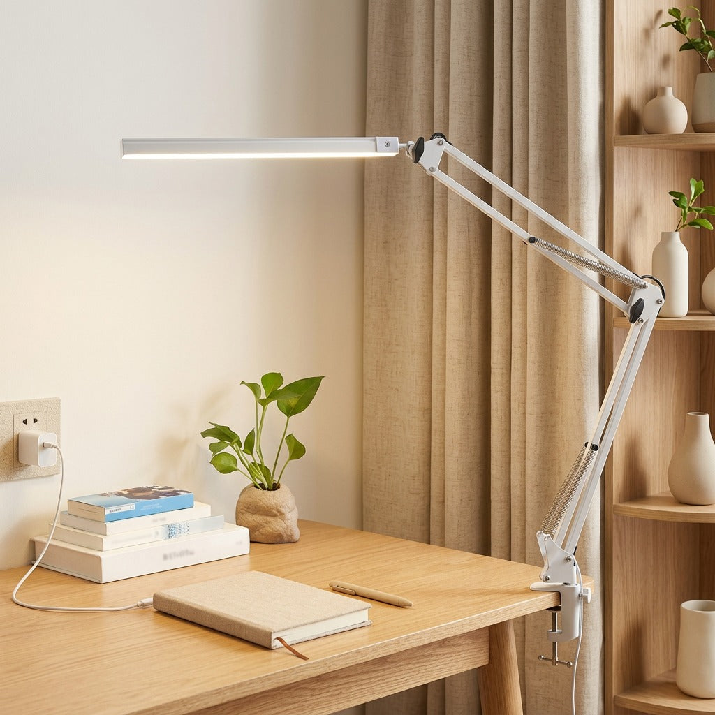 Armlume™ Long Arm LED Desk Lamp in a calm home setting