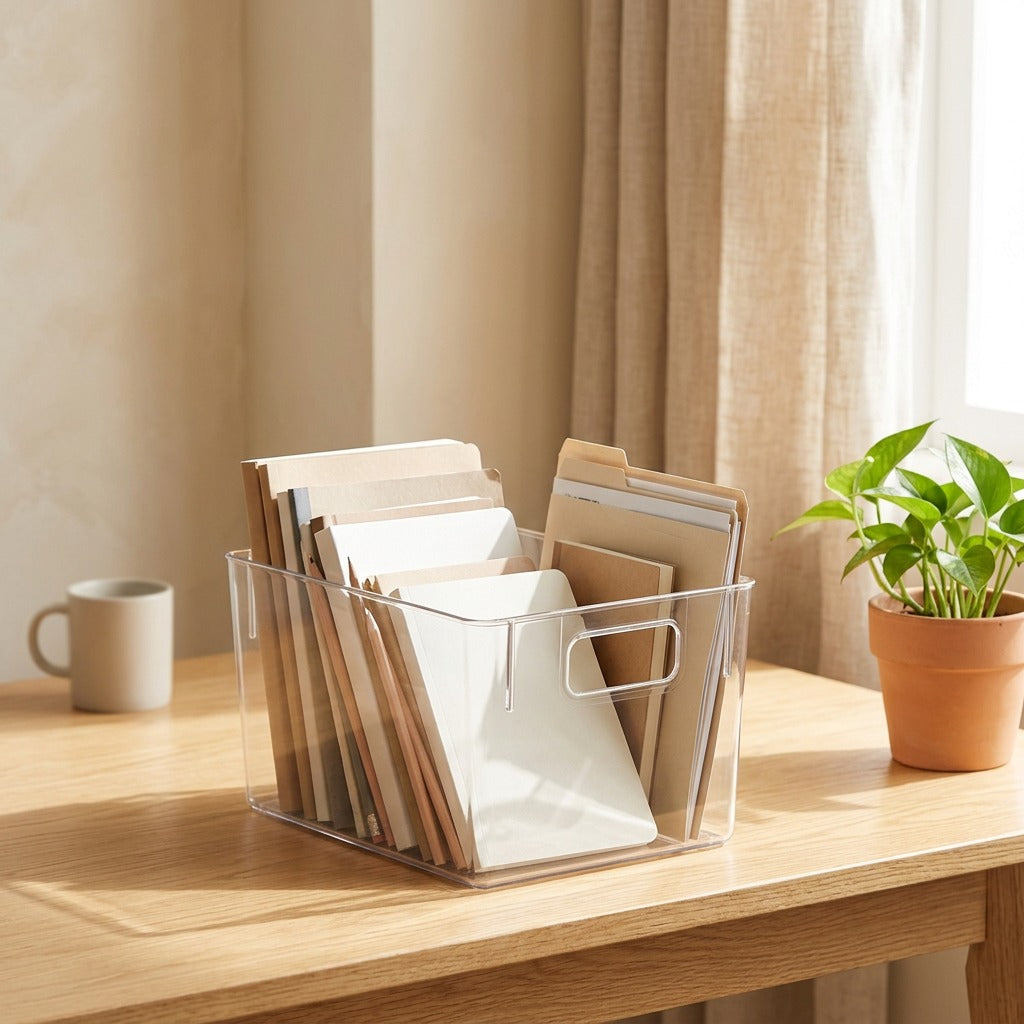 Deskclear™ Transparent Desktop Storage Box for Stationery in a calm home setting