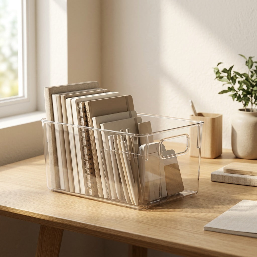 Deskclear™ Transparent Desktop Storage Box for Stationery, styled close view