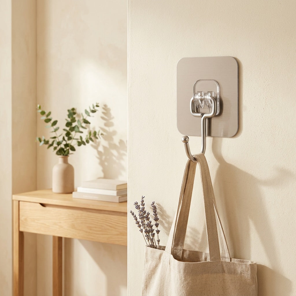 Tackhold™ Stainless Steel Adhesive Wall Hook in a calm home setting