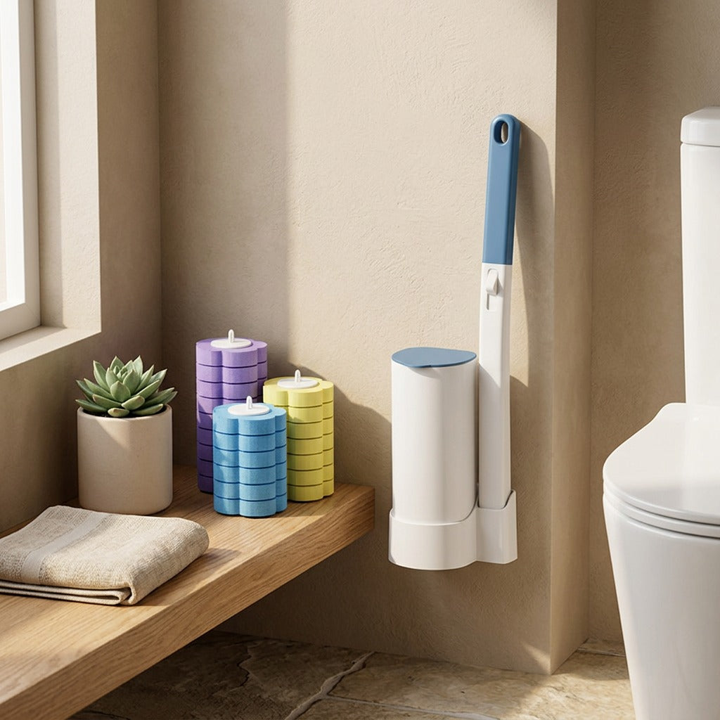 Mountease™ Nail-Free Wall-Mounted Disposable Toilet Brush in a calm home setting