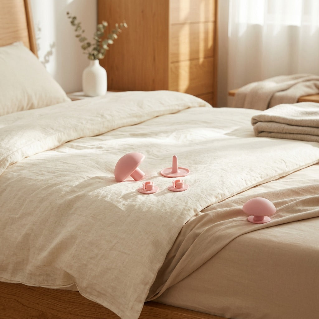 Quiltlock™ Plastic Mushroom Head Bed Sheet Fastener in a calm home setting