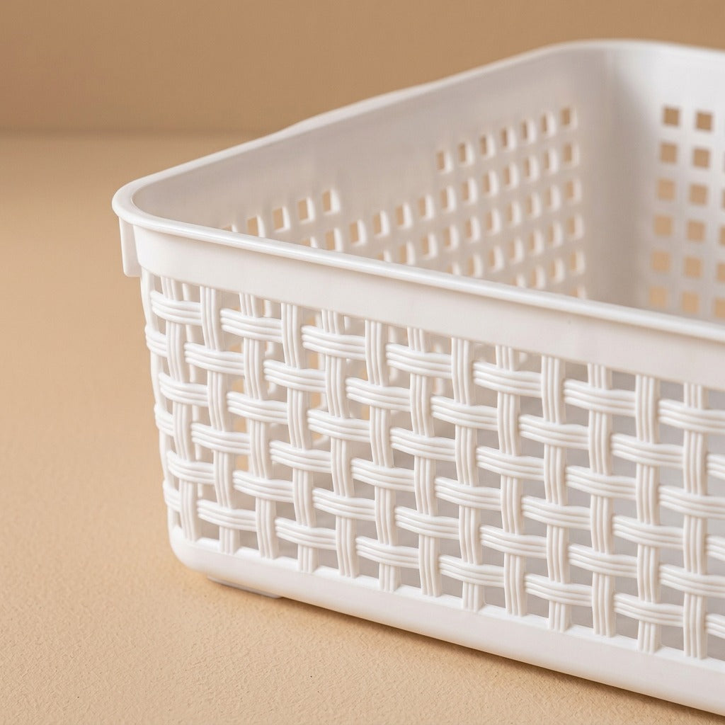 Stackweave™ Stackable Plastic Rattan Storage Basket, material and detail close-up