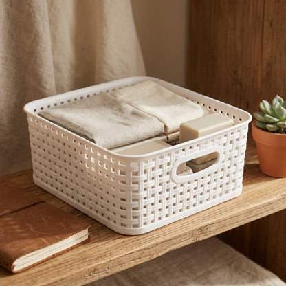 Stackweave™ Stackable Plastic Rattan Storage Basket, styled close view