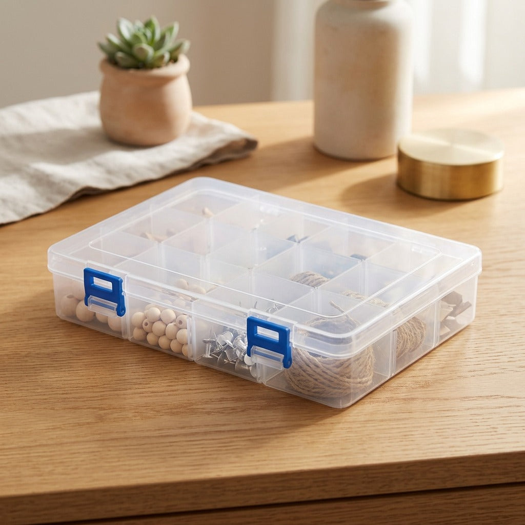 Slotwell™ Divided Plastic Desktop Storage Box, styled close view