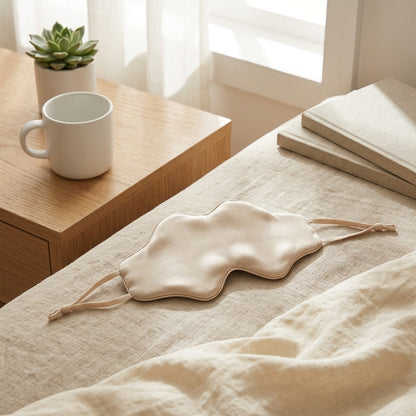 Somnveil™ Mulberry Silk Eye Mask in a calm home setting