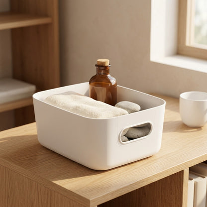 Stowstack™ Stackable Plastic Desktop Storage Box, styled close view