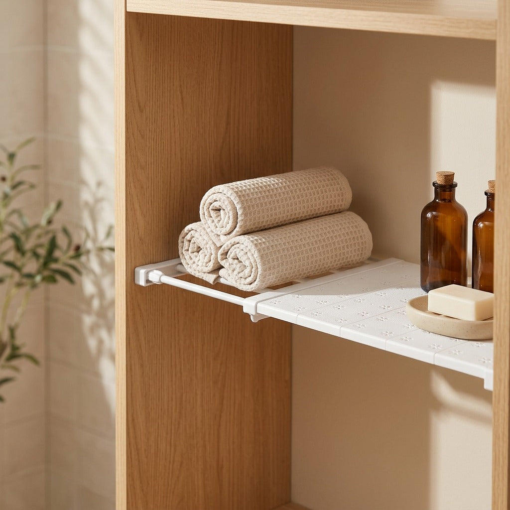 Trellis™ Punch-Free Bathroom Storage Rack, styled close view