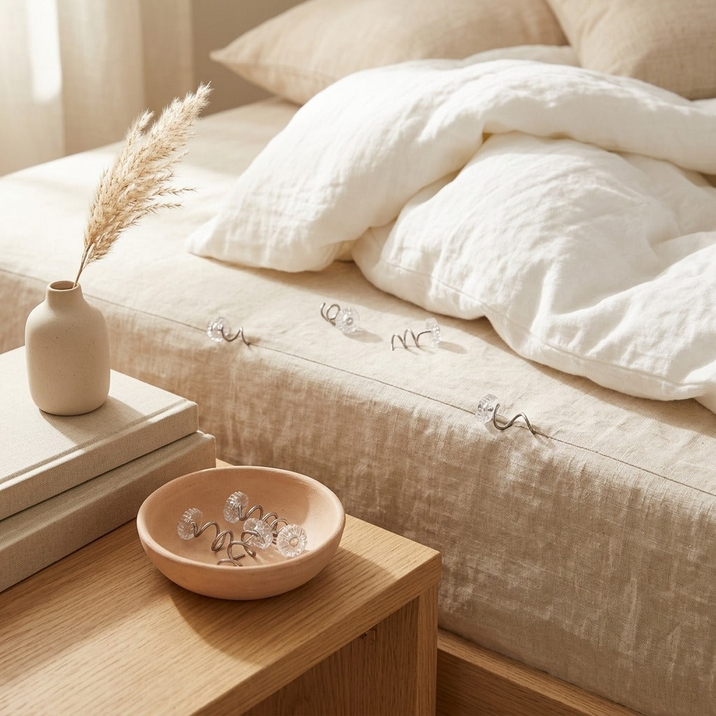 Twistpin™ Stainless Steel Bed Sheet Fastener in a calm home setting