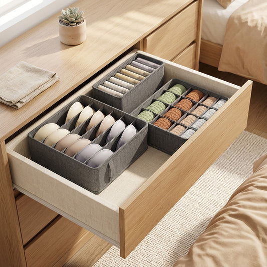 Divibox™ Foldable Underwear and Sock Storage Box with Dividers in a calm home setting