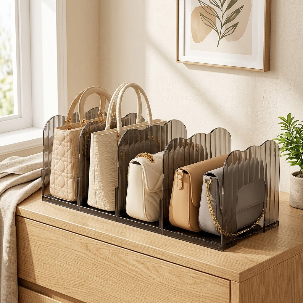 Clearvue™ Transparent Handbag Storage Box in a calm home setting