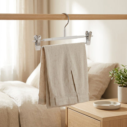 Cliprail™ Stainless Steel Pants Hangers in a calm home setting