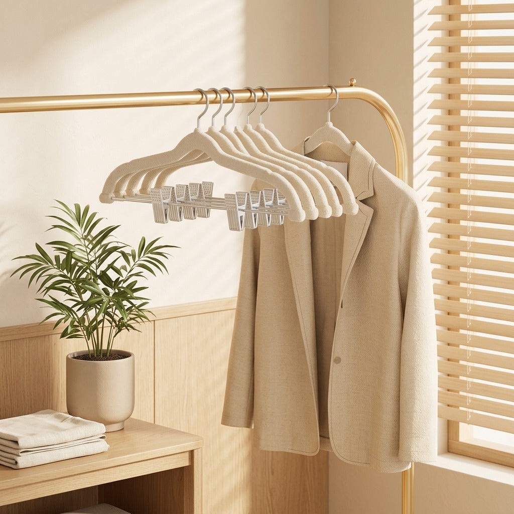 Velvetgrip™ Non-Slip Velvet Clothes Hangers with Clips in a calm home setting