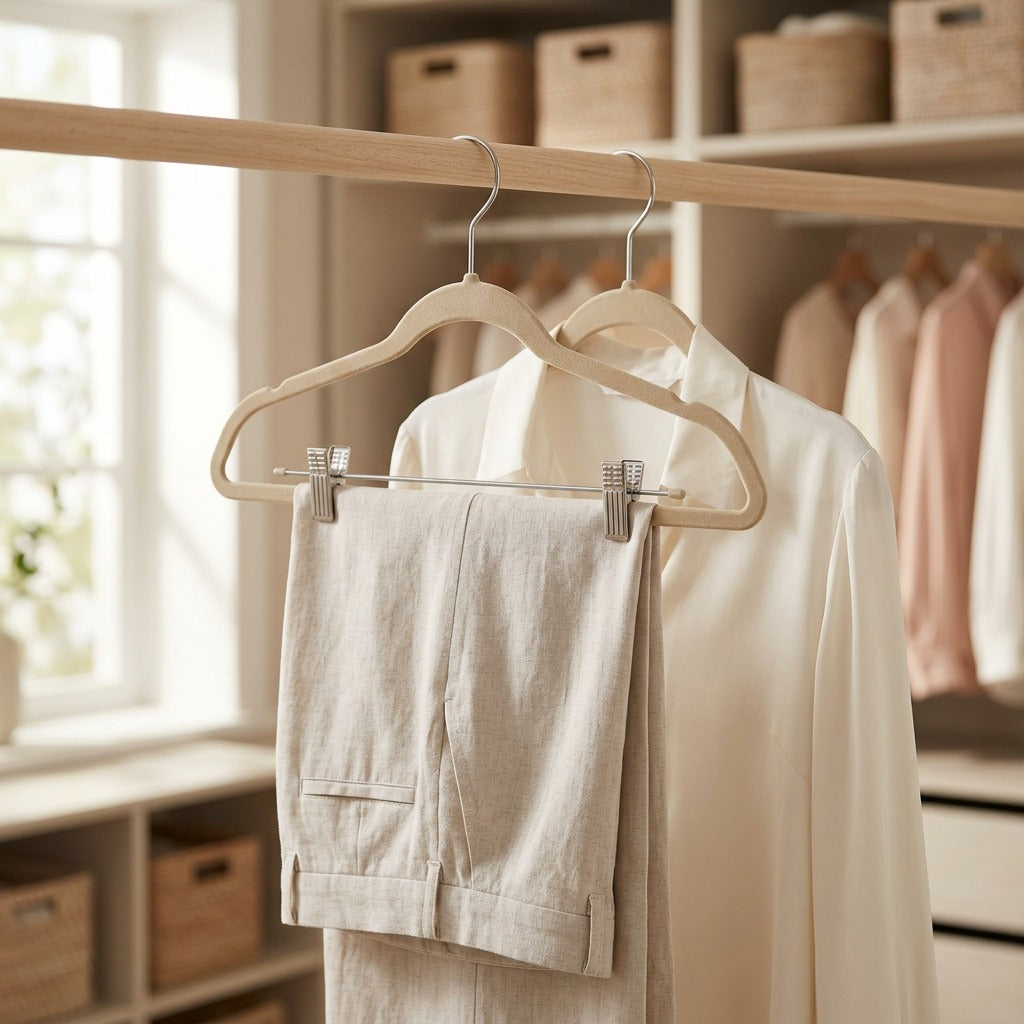 Velvetgrip™ Non-Slip Velvet Clothes Hangers with Clips, styled close view