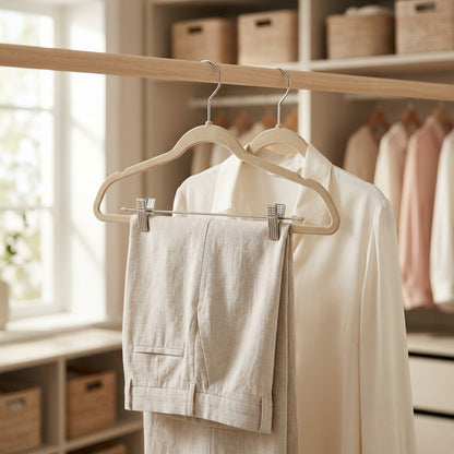 Velvetgrip™ Non-Slip Velvet Clothes Hangers with Clips, styled close view