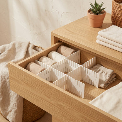 Drawerfold™ Plastic Drawer Divider Board for Socks and Underwear in a calm home setting