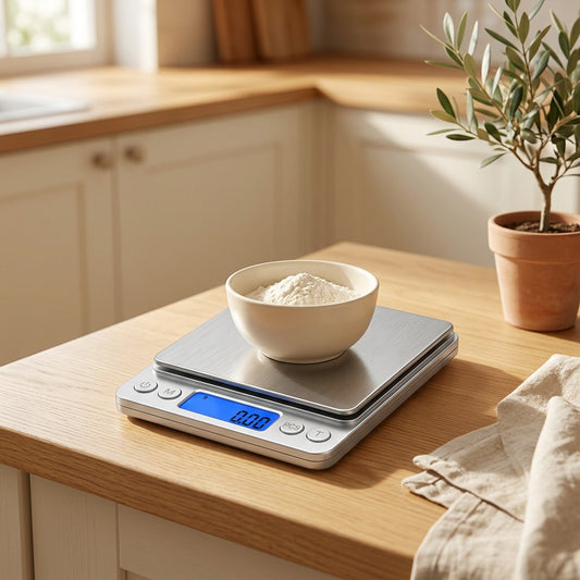 Gramwell™ Stainless Steel Digital Kitchen Scale in a calm home setting