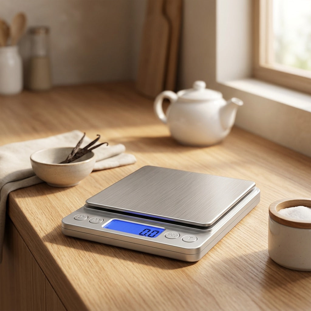 Gramwell™ Stainless Steel Digital Kitchen Scale, styled close view