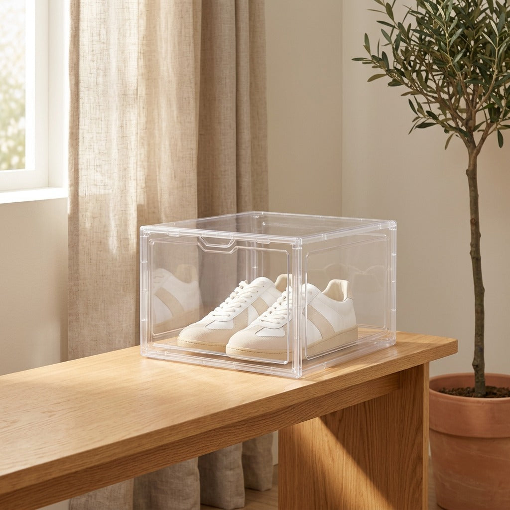 Solecrate™ Foldable Plastic Shoe Storage Box in a calm home setting