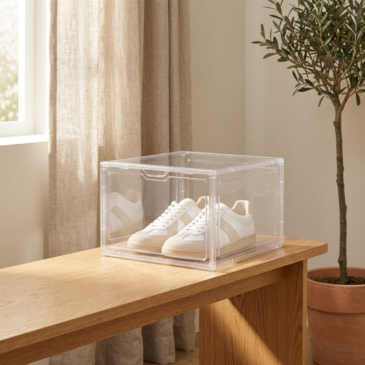 Solecrate™ Foldable Plastic Shoe Storage Box in a calm home setting