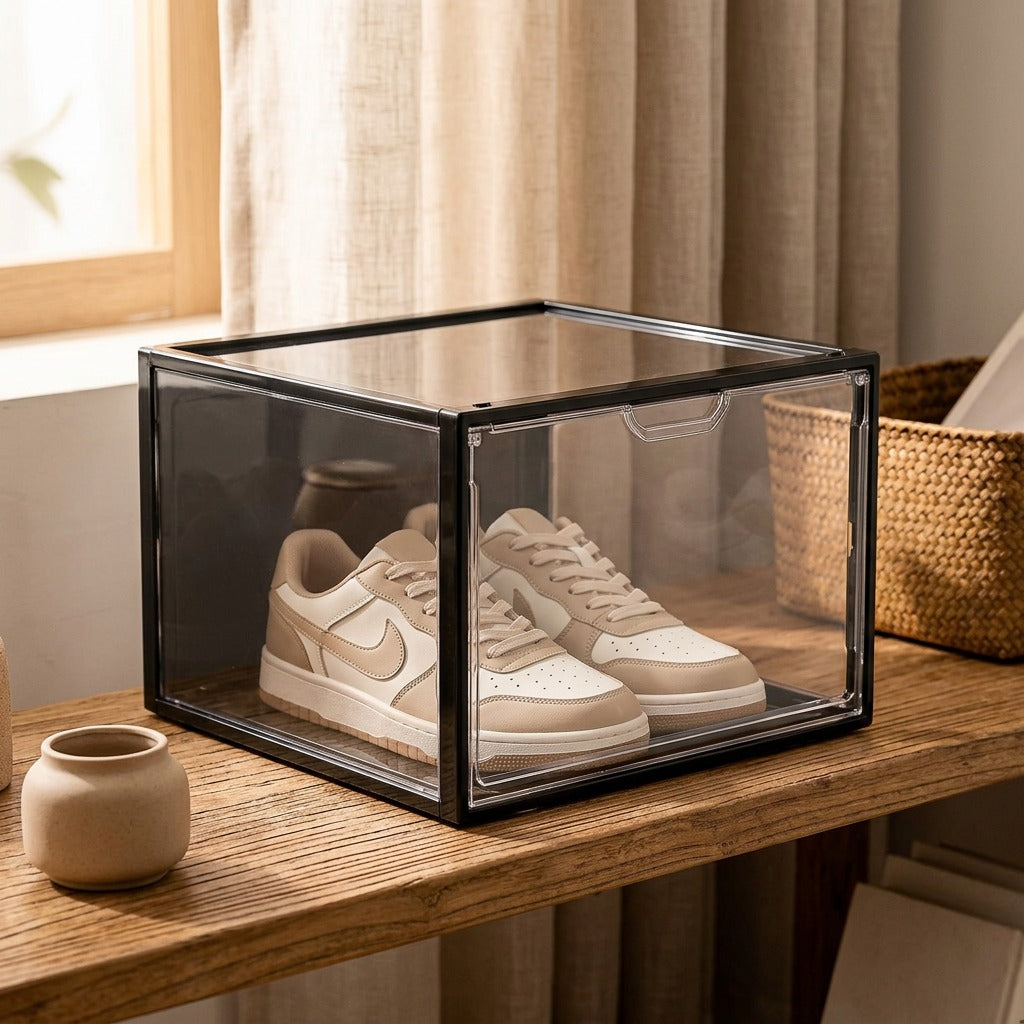Solecrate™ Foldable Plastic Shoe Storage Box, styled close view
