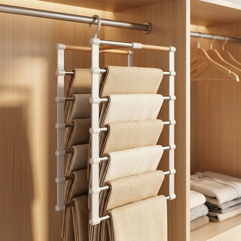 Ladderloft™ Foldable Stainless Steel Pants Rack, styled close view