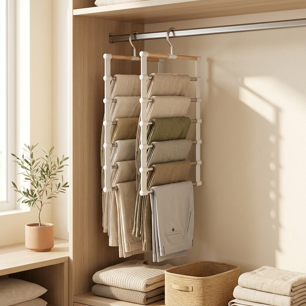 Pantstack™ Foldable Multi Layer Ladder Pants Rack in a calm home setting