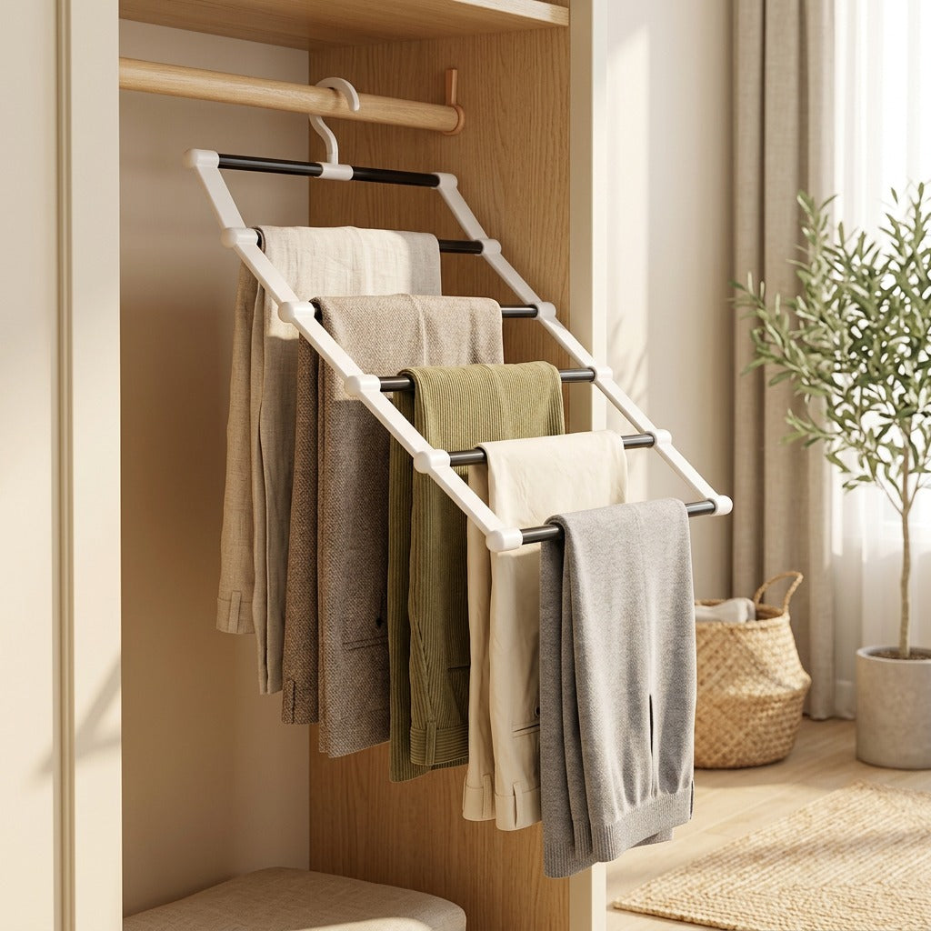 Slackrack™ Stainless Steel Trouser Rack in a calm home setting