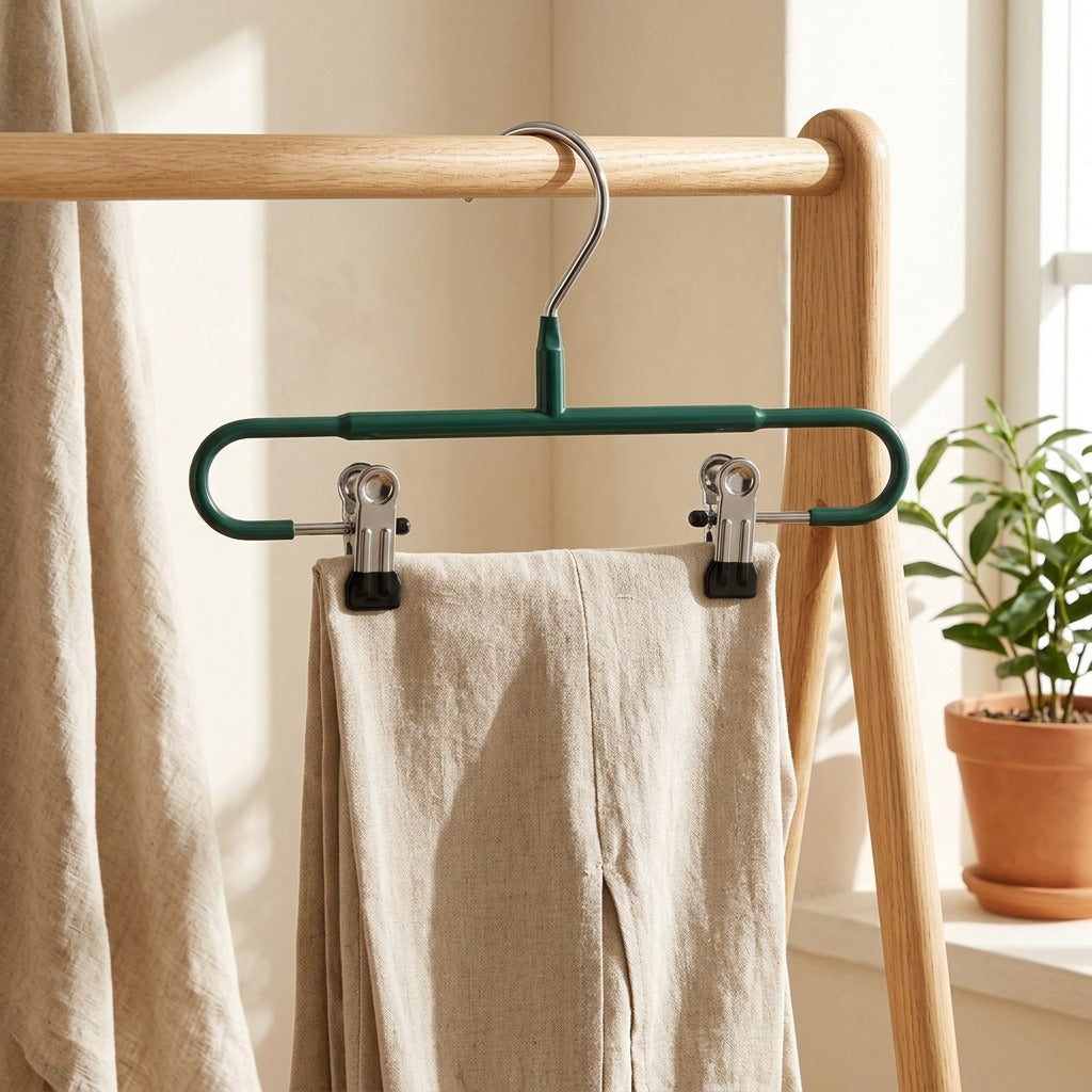 Hangclip™ Trouser Clip Hanger for Pants and Skirts in a calm home setting