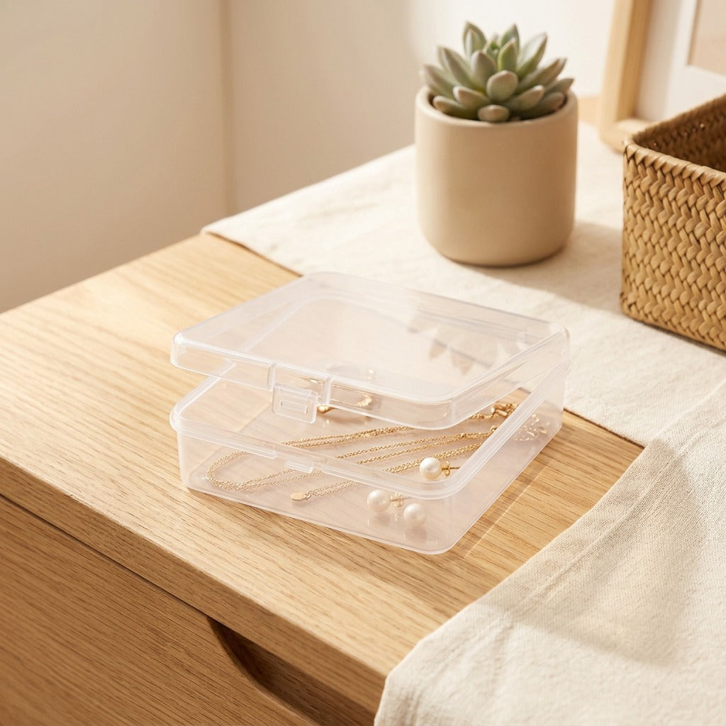 Jewelstow™ Clear PP Storage Box with Lid for Jewelry and Hardware in a calm home setting