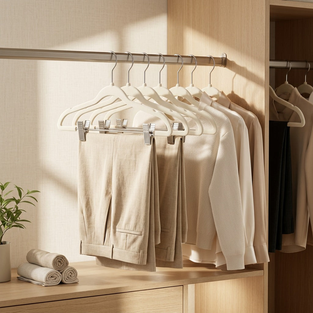 Flockclip™ Flocked Clothes Hangers with Clips in a calm home setting