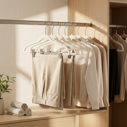 Flockclip™ Flocked Clothes Hangers with Clips in a calm home setting