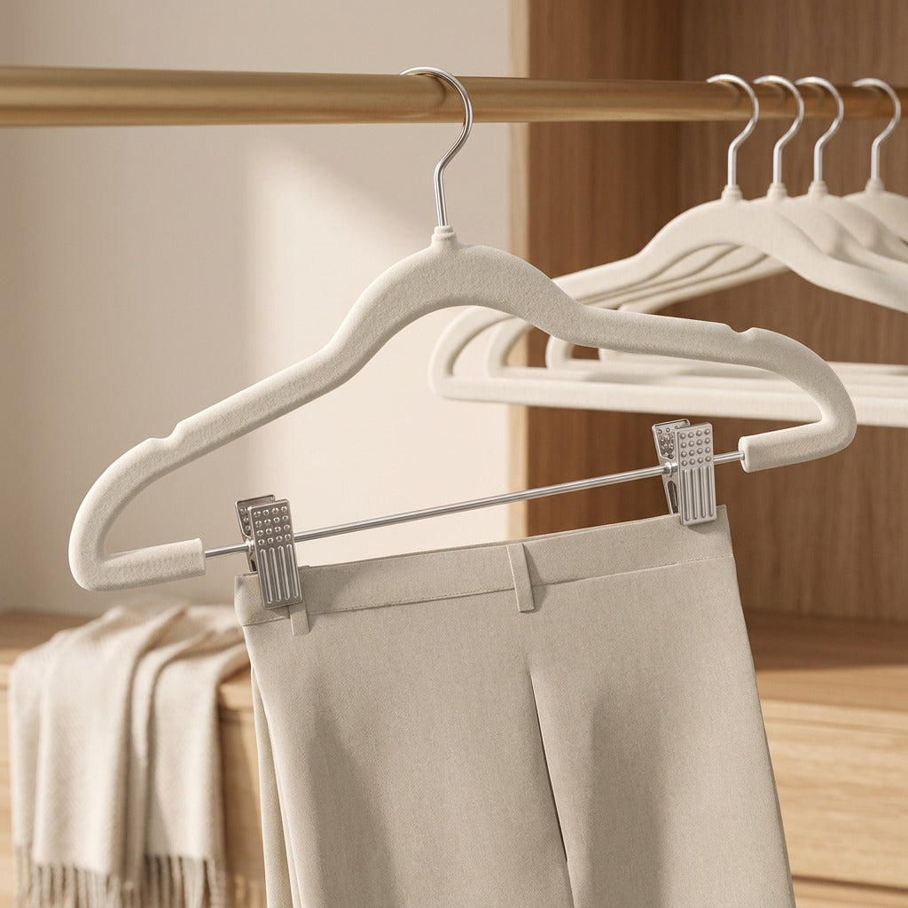 Flockclip™ Flocked Clothes Hangers with Clips, styled close view
