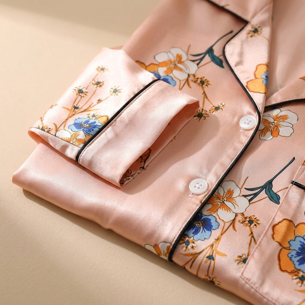 Simsilk™ Silk Pajamas Two-Piece Set, material and detail close-up