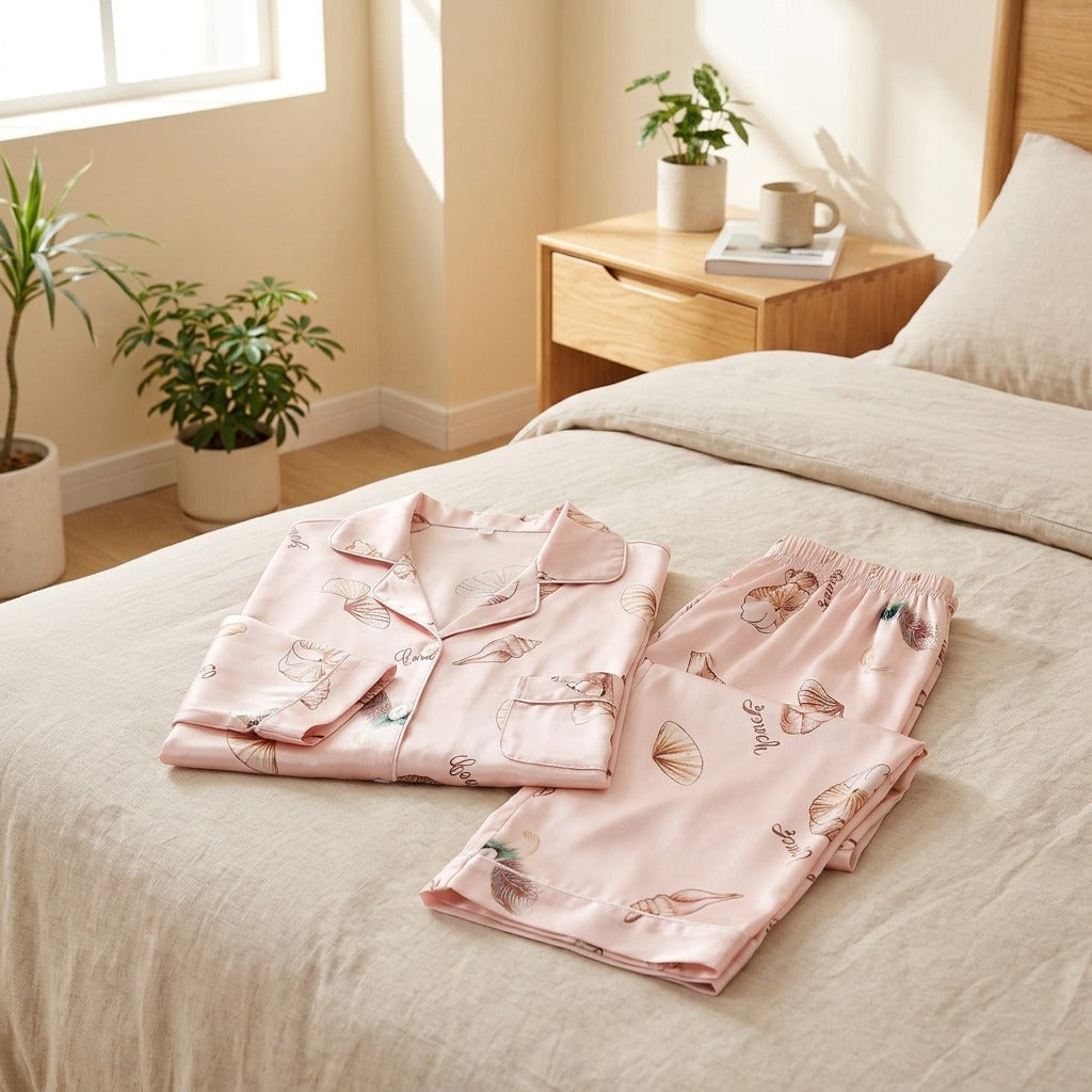 Simsilk™ Silk Pajamas Two-Piece Set in a calm home setting