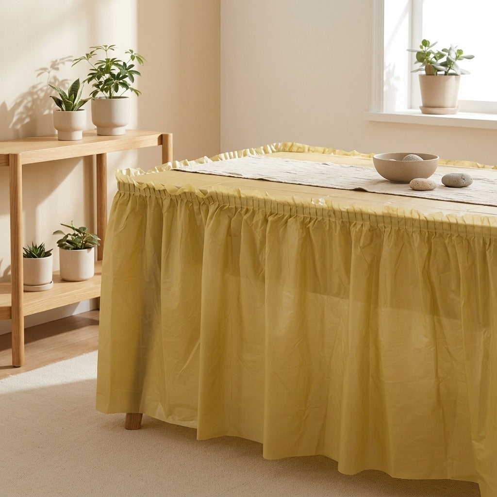 Skirlo™ PEVA Party Table Skirt in a calm home setting